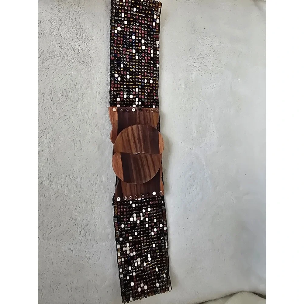 Vintage Boho Hand Beaded Wide Waist Belt with Carved Wood Interlocking Buckle